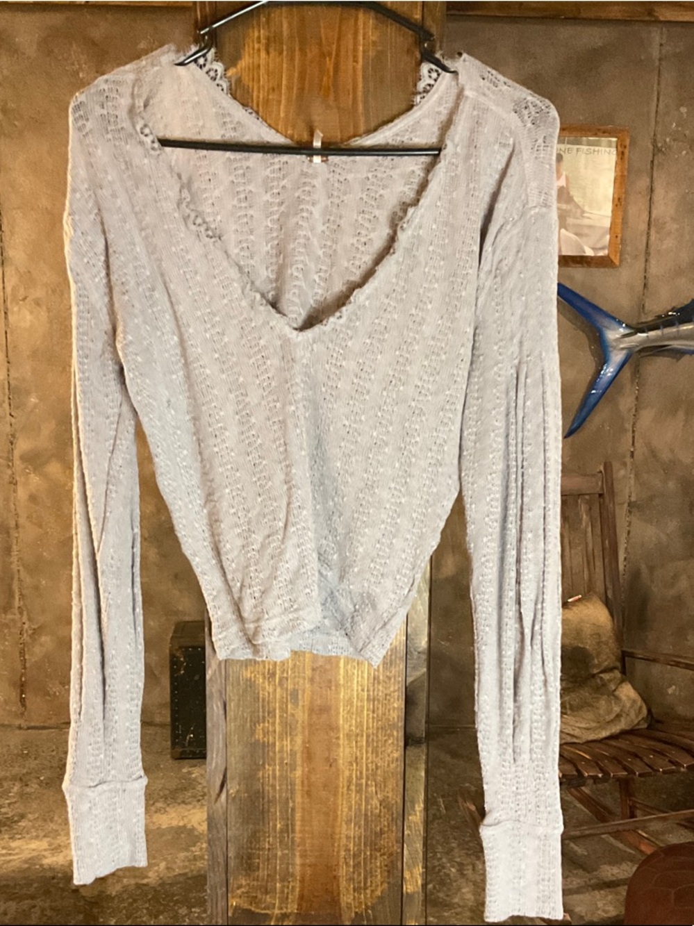 Free People Light Gray V-Neck Long Sleeve Knit Top